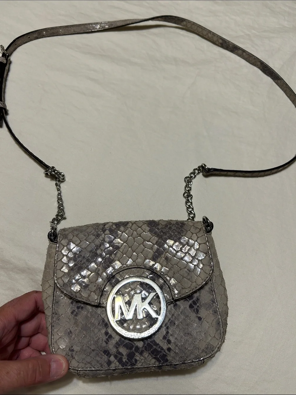 Michael Kors Lavender and Gray Snakeskin MK Chain Crossbody